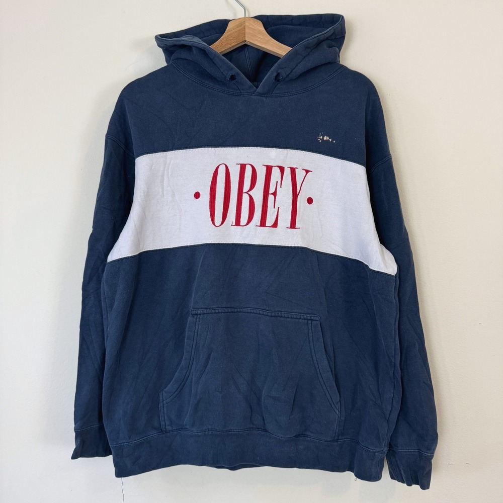 Vintage y2k Obey Skateboarding Skate Embroidered Logo Navy White Hoodie - Medium